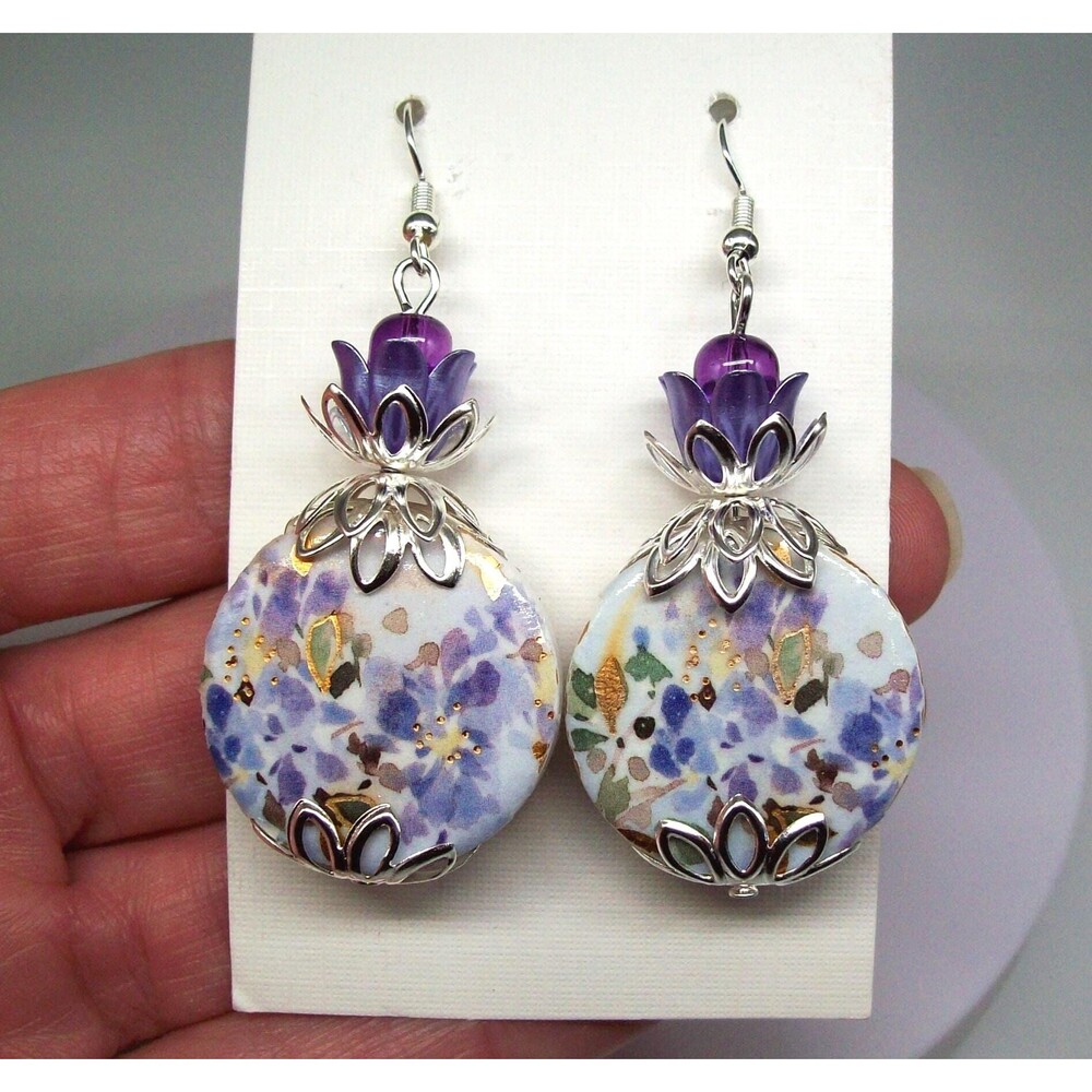 Decoupage Dangle Earrings, Purple, Silver, Flower Gifts for Her